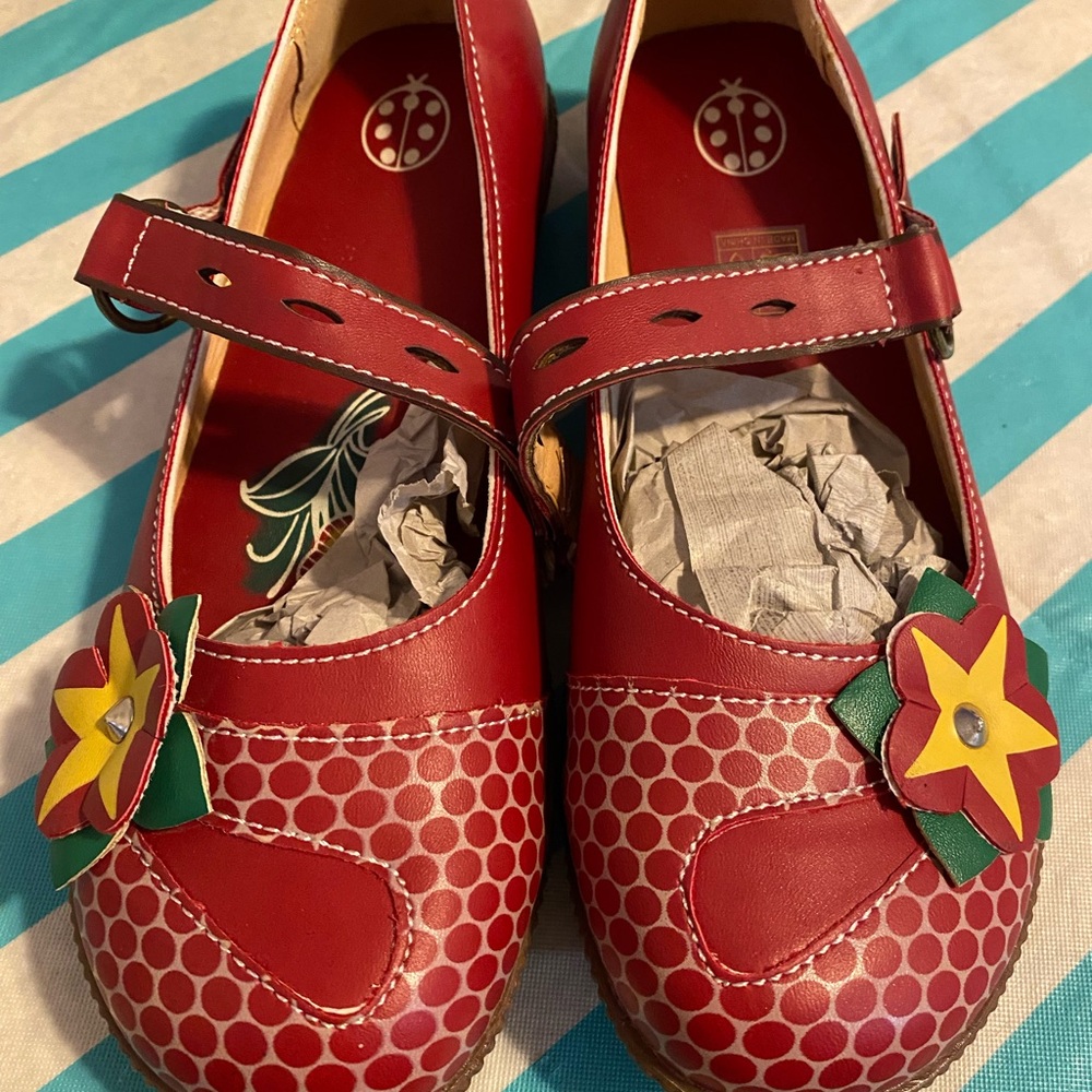 Red Polka Dot Womens Shoes with Flower Accent